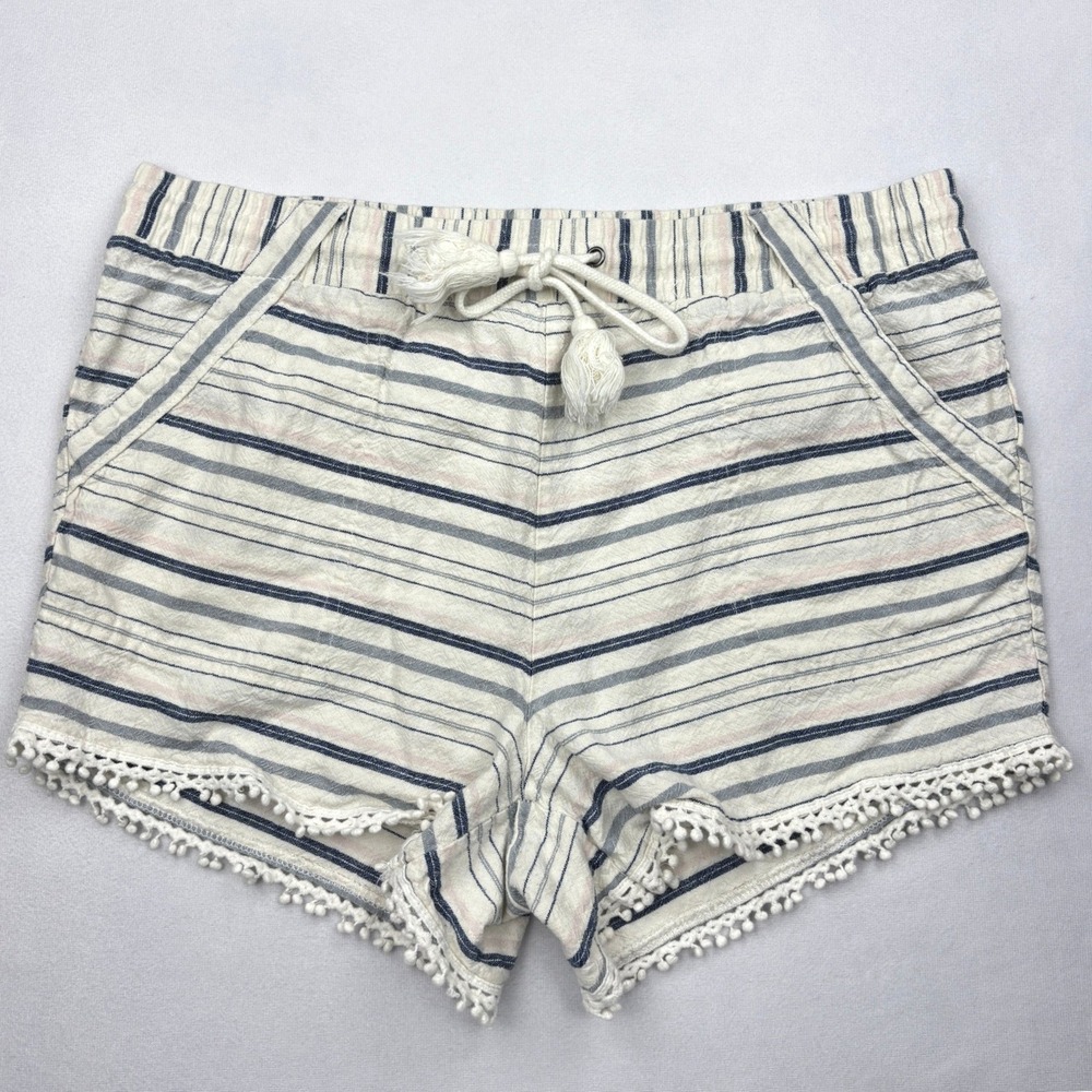 Jolt Womens XL Linen Blend Striped Pom Pom Beach Shorts Navy Pink Cream Boho